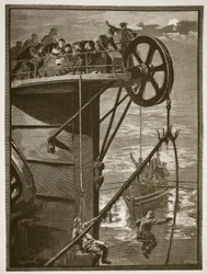 Ciencia Moderna: Recogiendo un cable telegráfico en el mar, grabado por W.J. Palmer
