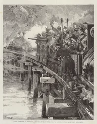 Maniobras navales en Portsmouth, tren blindado retrocediendo sobre el puente y disparando mina para cortar la persecución