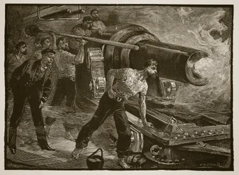 Guerra naval: trabajando el cañón de un barco, grabado por W.J. Palmer