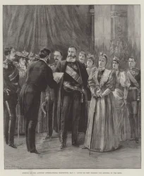 Apertura de la Exposición Internacional de Amberes, 5 de mayo, el Conde de Pret leyendo el discurso al Rey