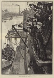 Presentación de un bote salvavidas por los cadetes del barco del Colegio Náutico del Támesis, Worcester, ¡Tres hurras por el bote salvavidas!