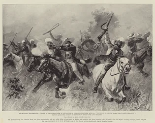 La insurrección de Matabili, carga de los Afrikanders en la batalla de la granja Colenbrander, 25 de abril, un toque de naturaleza hace que todo el mundo sea pariente; británicos y bóers uniéndose en defensa de sus esposas
