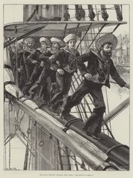 La revisión naval, tripulando los mástiles, ¡La Reina viene!