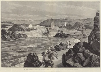 La Expedición del Nilo, remolcando los Botes Ballena con Tropas a través de la Primera Puerta de la Segunda Catarata