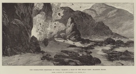La frontera noroeste de la India, construyendo una carretera en el paso de Bolan, voladura de rocas