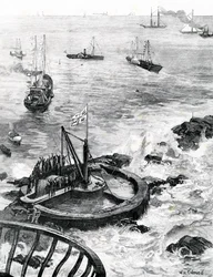 El Príncipe de Gales y el Duque de Edimburgo colocando la primera piedra del nuevo faro de Eddystone, ilustración de 