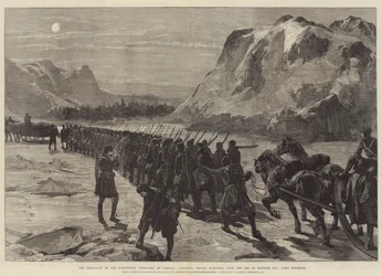 La rebelión en el Territorio del Noroeste de Canadá, tropas coloniales marchando sobre el hielo de la Bahía de Nepigon, Lago Superior