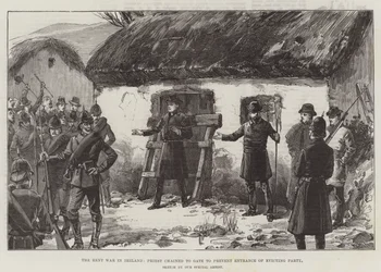 La Guerra de Rentas en Irlanda, Sacerdote encadenado a la Puerta para evitar la Entrada del Partido de Desalojo