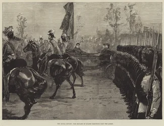 La Revisión Real, la Brigada de Guardias desfilando ante la Reina