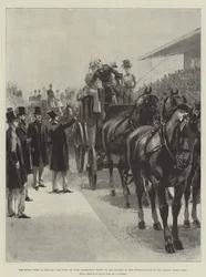 La visita real a Irlanda, el duque de York presentando látigos a los conductores de los carruajes en la Exposición de Caballos de Dublín