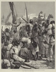 La guerra en Sudán, tropas negras saliendo de Massowah para unirse a las fuerzas en Souakim