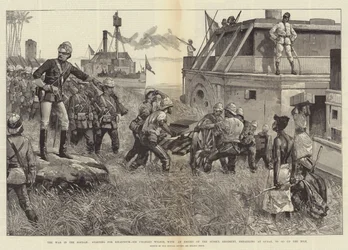 La guerra en Sudán, partiendo hacia Jartum, Sir Charles Wilson, con una escolta del regimiento de Sussex, embarcando en Gubat, para subir por el Nilo