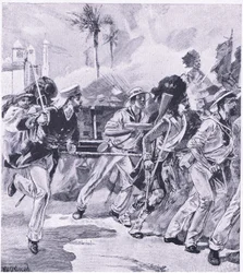 La brigada naval del HMS Shannon en Lucknow, noviembre de 1857, ilustración de British Battles on Land and Sea, 1915