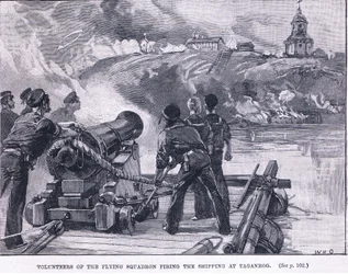 Voluntarios del escuadrón volador disparando a los barcos en Taganrog 1855 d.C.