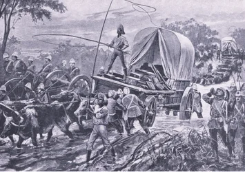 Guerra Zulú: La fuerza de socorro de Estowe cruzando un arroyo, abril de 1879, ilustración de British Battles on Land and Sea, 1915