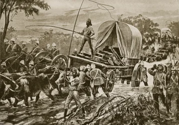Guerra Zulú: la fuerza de socorro de Etshowe cruzando un arroyo, abril 1879