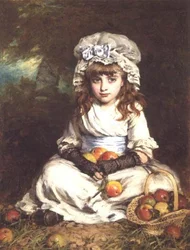 Una niña con una gorra y una cesta de manzanas