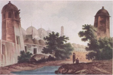 Una vista de la mezquita Kutra construida por Mir Jaffier en Murshidabad (Select Views in India 1786), de British Adventure publicado por Collins, 1947