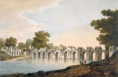 Vista del puente en Ilionpoor sobre el río Goomty, pub. 1785-88