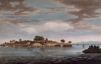 Vista del fuerte de Mongheer, a orillas del río Ganges