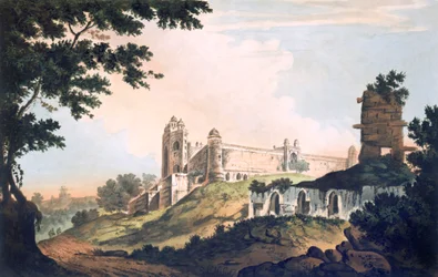Vista de la mezquita en Futtipoor Sicri, pub. 1785-88