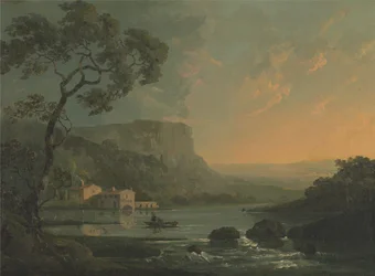 Paisaje con pescadores en un lago