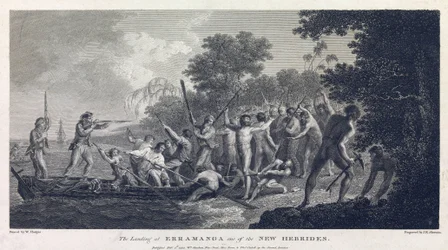 Desembarco en Erramanga (o Eromanga), una de las islas de Vanuatu (antiguas Nuevas Hébridas, archipiélago del océano Pacífico), mostrando a la tripulación de una canoa luchando con guerreros de la isla.