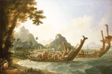 Los barcos de guerra de la isla de Otaheite (Tahití) y de las Islas de la Sociedad, con una vista de parte del puerto de Ohaneneno, en la isla de Ulieta, una de las Islas de la Sociedad.