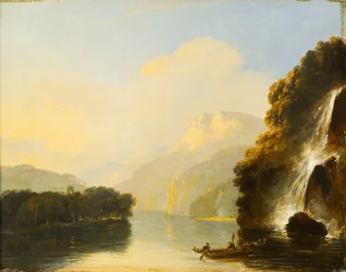 Cascada en Dusky Bay con una canoa maorí