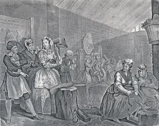 El progreso de una ramera, lámina cuatro: escena en Bridewell, 1732