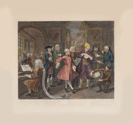 El progreso de un libertino, Placa 2: Rodeado de Artistas y Profesores, ca 1735