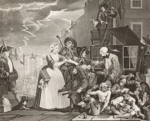 El progreso de un libertino, lámina 4: El libertino arrestado, yendo a la corte / El camino de un libertino, lámina 4: Tom Rakewell arrestado y rescatado. 1735