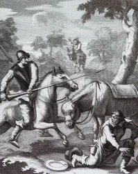 Don Quijote se apodera del masón del barbero por el casco de Mambrino