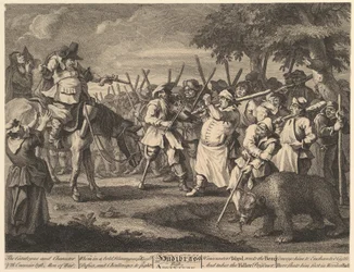 Primera aventura de Hudibras, doce grandes ilustraciones para Hudibras de Samuel Butler, febrero de 1725-26