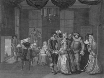 Vista interior de Somerset House mostrando figuras vestidas para un baile de máscaras, 1805