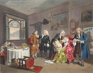 Matrimonio a la moda, Placa VI, La muerte de la dama, ilustración de 