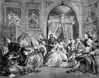 Matrimonio a la moda: serie de 6 tablas satíricas sobre la boda de personas adineradas. Levántalo. Grabado de William Hogarth (1697 - 1764). 1745