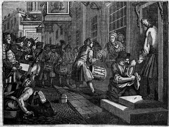 Placa de una serie de 12 grabados de William Hogarth (1697-1764), ilustrador británico, titulada “Industria y Ociosidad”, contando las carreras de dos aprendices: la boda de Goodchild con la hija de su maestro tejedor