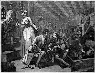 Placa de una serie de 12 grabados de William Hogarth (1697-1764), ilustrador británico, titulada “Industria y Ociosidad”, contando las carreras de dos aprendices: Thomas Idle, culpable de sus vicios, fue arrestado en una taberna