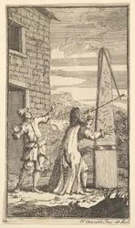 Sidrophel examinando la cometa a través de su telescopio Diecisiete pequeñas ilustraciones para S..., 1721-26
