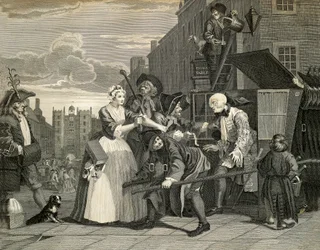 Escenas callejeras en Londres, por William Hogarth (1697-1764), grabado, Inglaterra