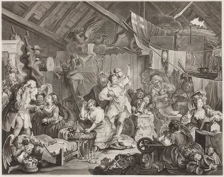 Actrices ambulantes vistiéndose en un granero. 1738