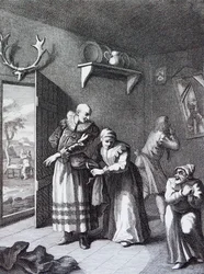 El cura y el barbero se disfrazan para llevar a Don Quijote a casa. por William Hogarth