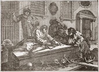 El aprendiz ocioso jugando en el cementerio durante el servicio divino - Placa de una serie de 12 grabados por William Hogarth (1697-1764), ilustrador británico, titulada “Industria y Ociosidad”, “El celo y la pereza”, relatando las carreras de dos aprendi