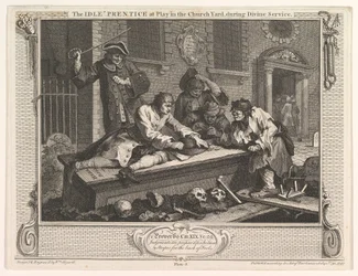 El aprendiz ocioso jugando en el cementerio, Industria y Ociosidad, placa 3, 30 de septiembre de 1747