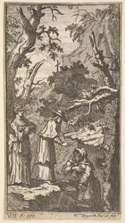 La nueva metamorfosis, Placa 7: El Cardenal, un ermitaño y Donna Angela sosteniendo a Fantasio, 1724