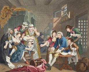 El libertino en prisión, lámina VII, de «La carrera de un libertino», ilustración de «Hogarth Restored: The Whole Works of the Celebrated William Hogarth, re-engraved by Thomas Cook», publicado en 1812, coloreada a mano