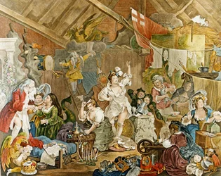 Actrices de paseo vistiéndose en un granero" de William Hogarth, 1738