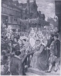 La entrada estatal de la Reina María en Edimburgo 1561, de la Historia del Pueblo Británico de Cassell publicada por la Waverley Book Company, c.1950