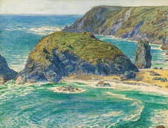 Asparagus Island, Kynance, Cornwall (lápiz y acuarela realzados con blanco y tachados)